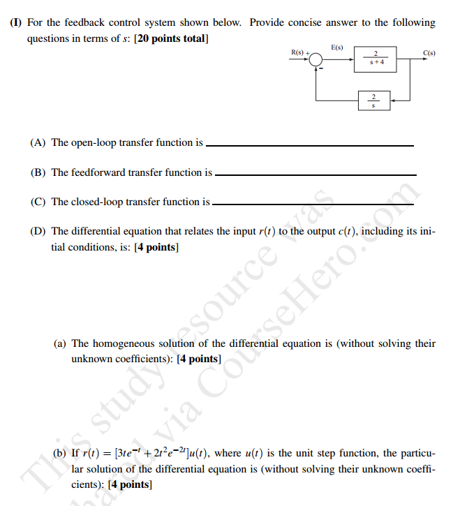 Solved For the feedback control system shown below. Provide | Chegg.com