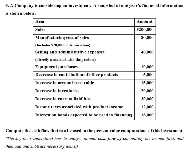 Solved 5. A Company is considering an investment. A snapshot | Chegg.com