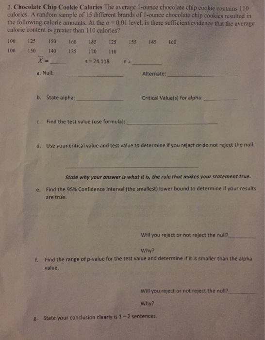 Solved Chocolate Chip Cookie Calories The average 1ounce