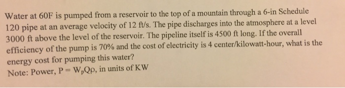 Solved Water at 60F is pumped from a reservoir to the top of | Chegg.com