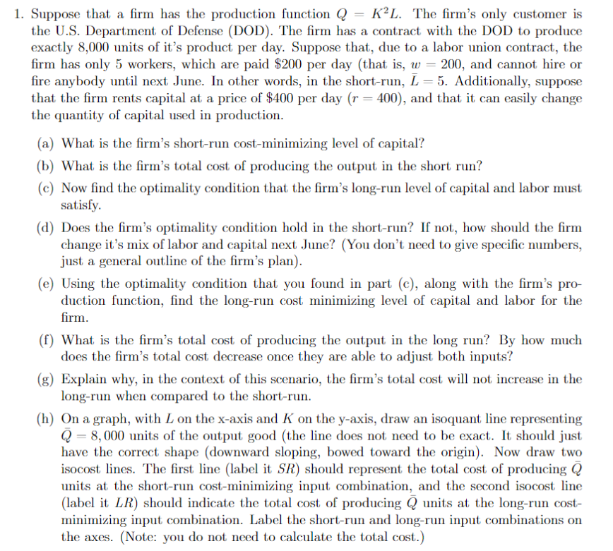 Solved 1. Suppose that a firm has the production function Q | Chegg.com