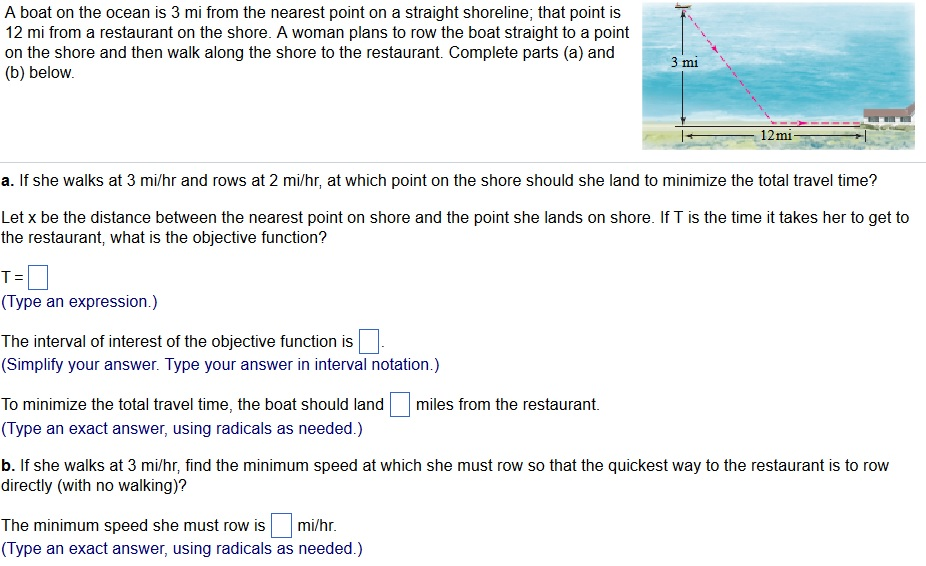 Solved A boat on the ocean is 3 mi from the nearest point on | Chegg.com