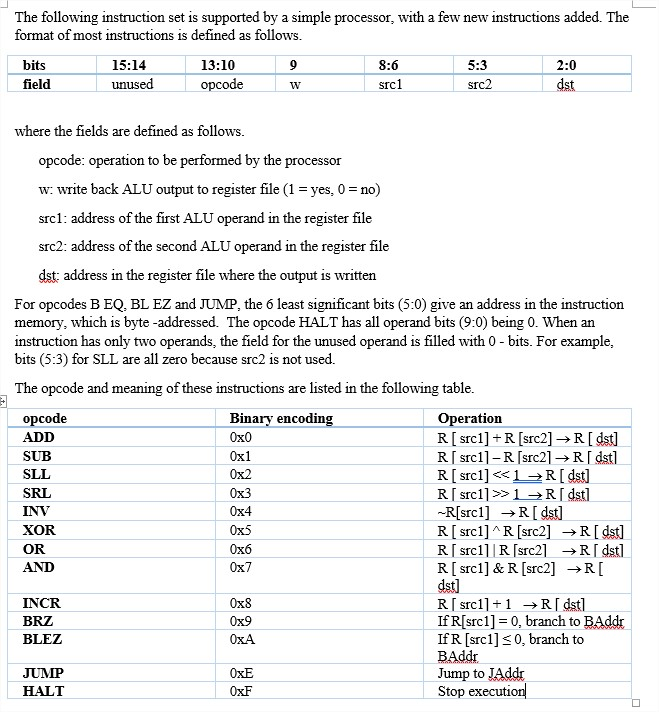 Solved The following instruction set is supported by a | Chegg.com