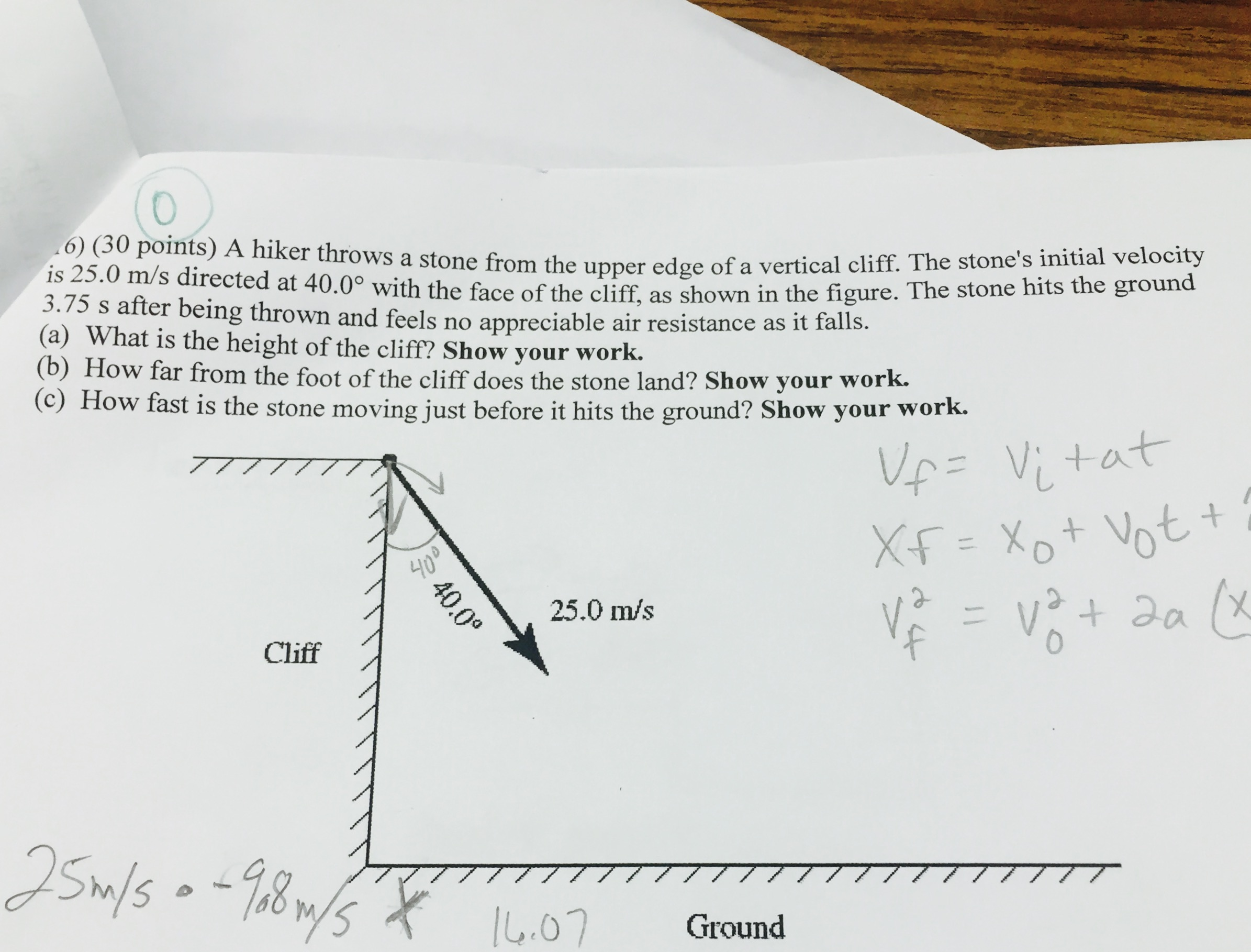 Solved (30 points) A hiker throws a stone from the upper