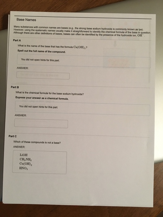 Solved Base Names substances with common names are bases (e | Chegg.com