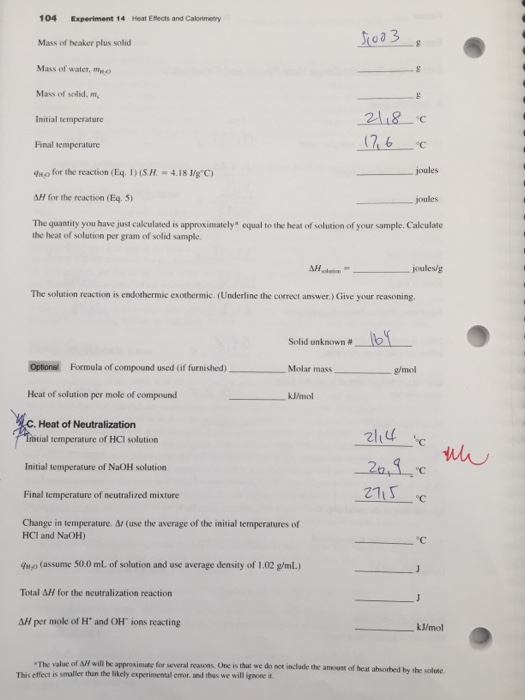 Solved Experiment 14 Data and Calculations Heat Effects and