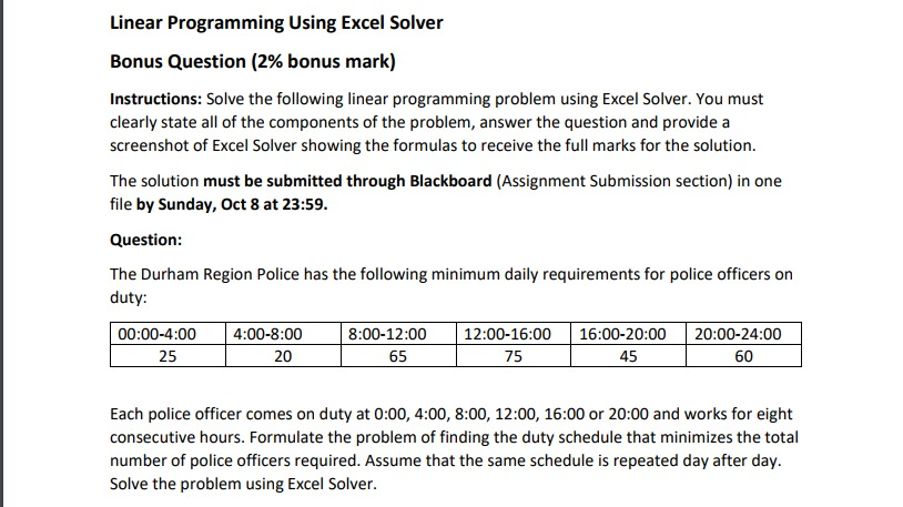 Solved Linear Programming Using Excel Solver Bonus Question | Chegg.com