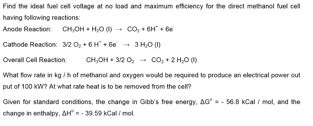 methanol oxygen fuel cell equation