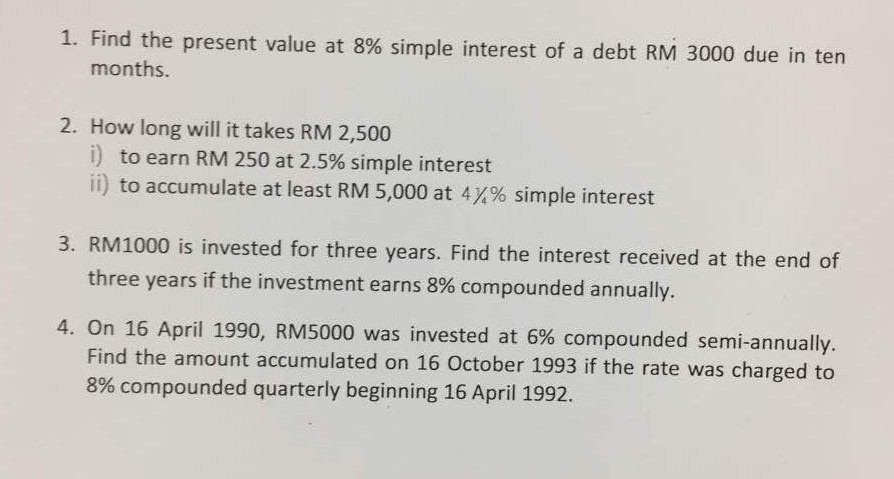 Solved 1. Find the present value at 8% simple interest of a | Chegg.com