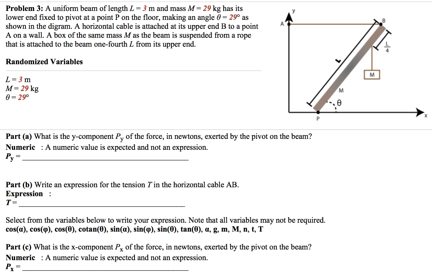 Solved A Uniform Beam Of Length L = 3 M And Mass M = 29 Kg | Chegg.com