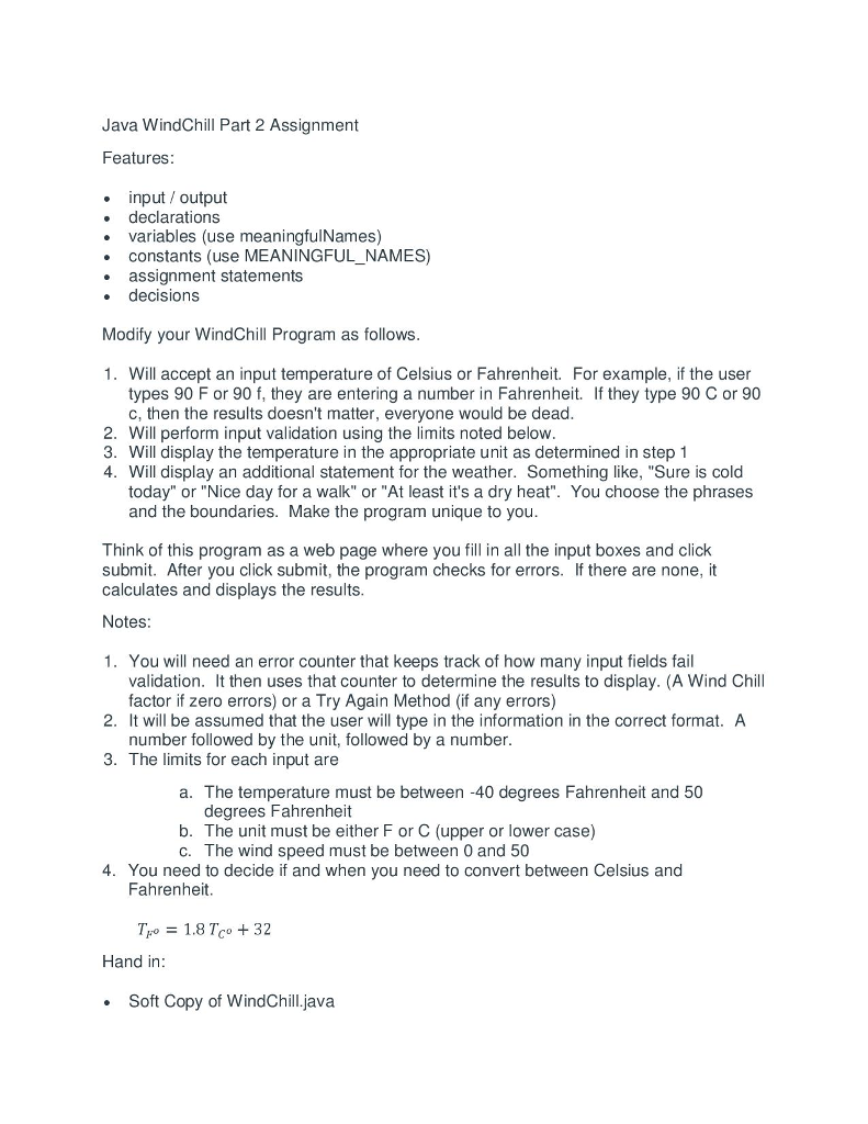 Solved Java WindChill Part 2 Assignment Features input | Chegg.com
