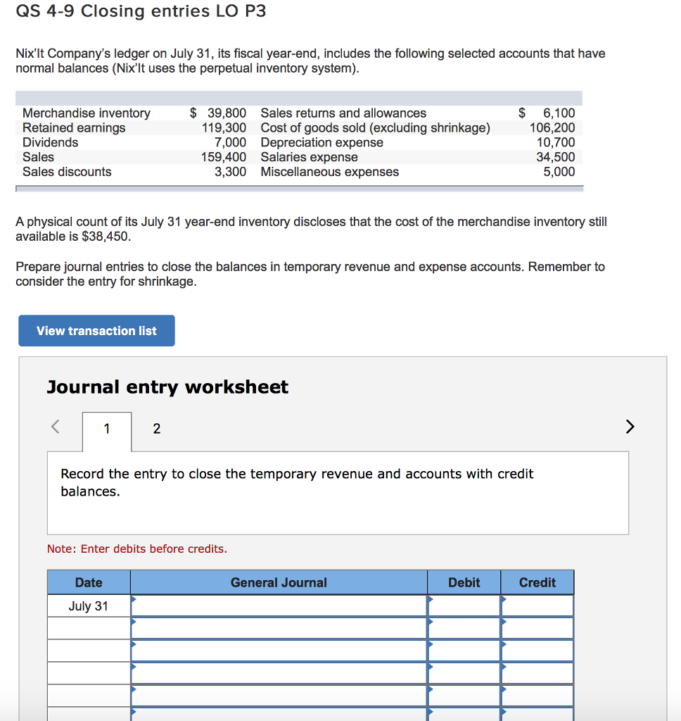 Solved QS 4-9 Closing entries LO P3 Nix'lt Company's ledger | Chegg.com