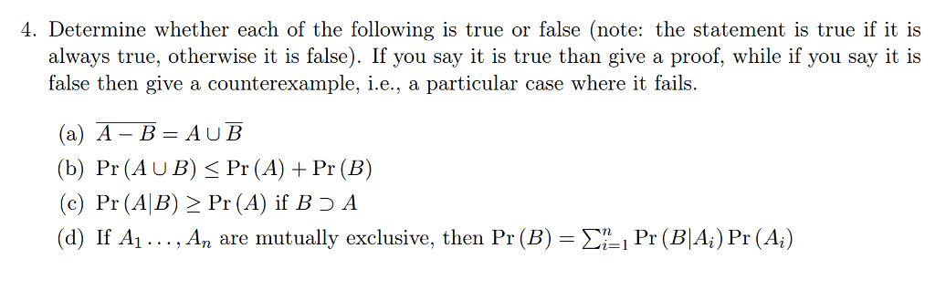 Solved Determine whether each of the following is true or | Chegg.com