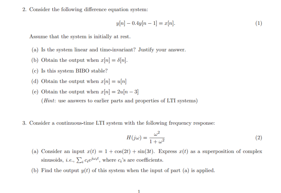 Solved Consider the following difference equation system: | Chegg.com