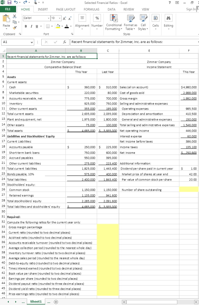 Solved Zimmer, Inc. has provided its recent financial | Chegg.com