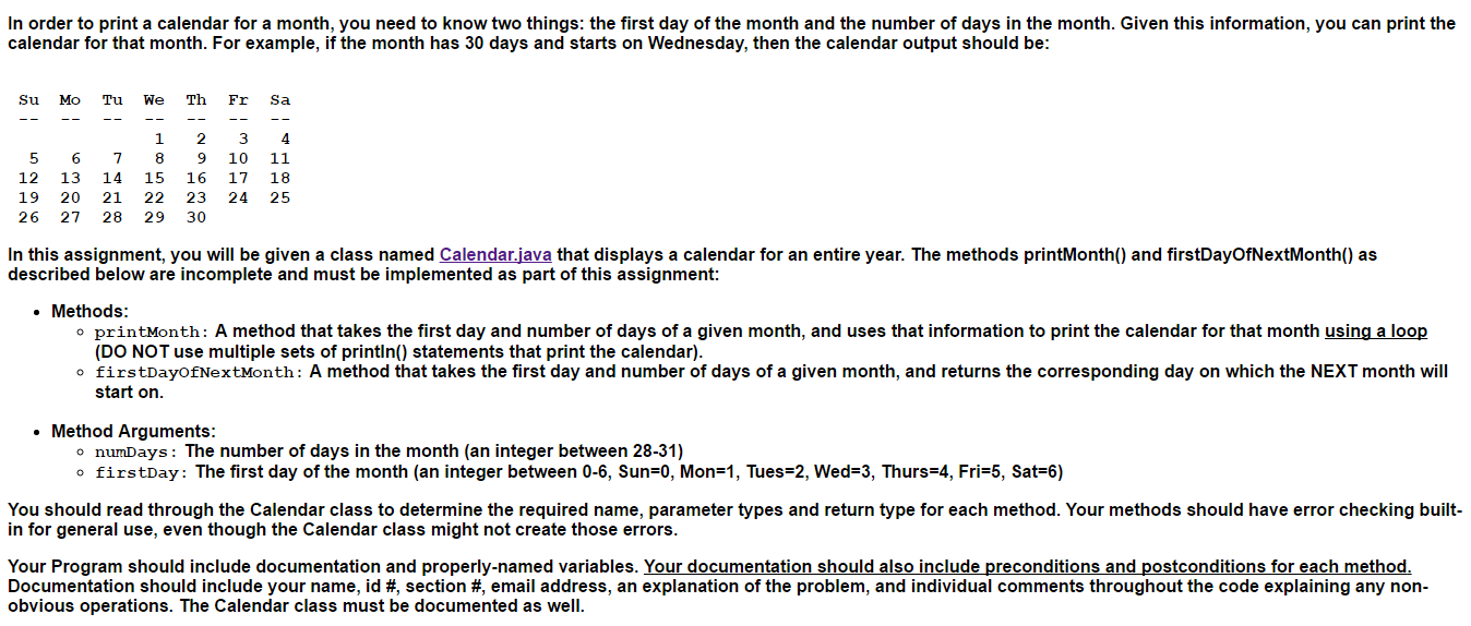 Solved Calendar.java code: Complete the printMonth() and | Chegg.com