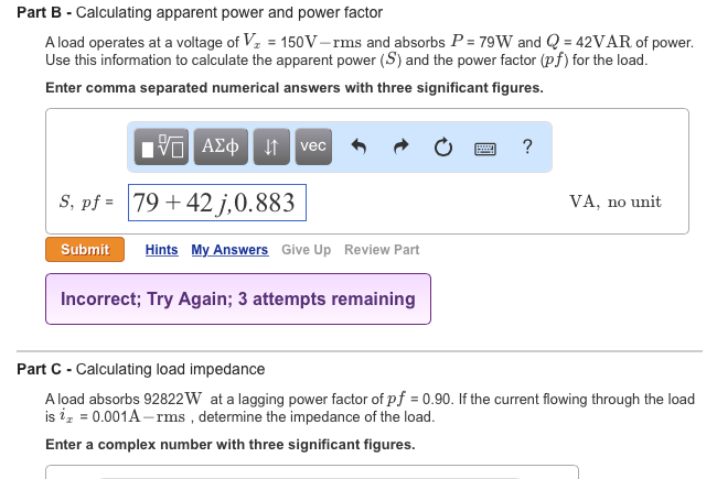 Solved Part B - Calculating Apparent Power And Power Factor | Chegg.com