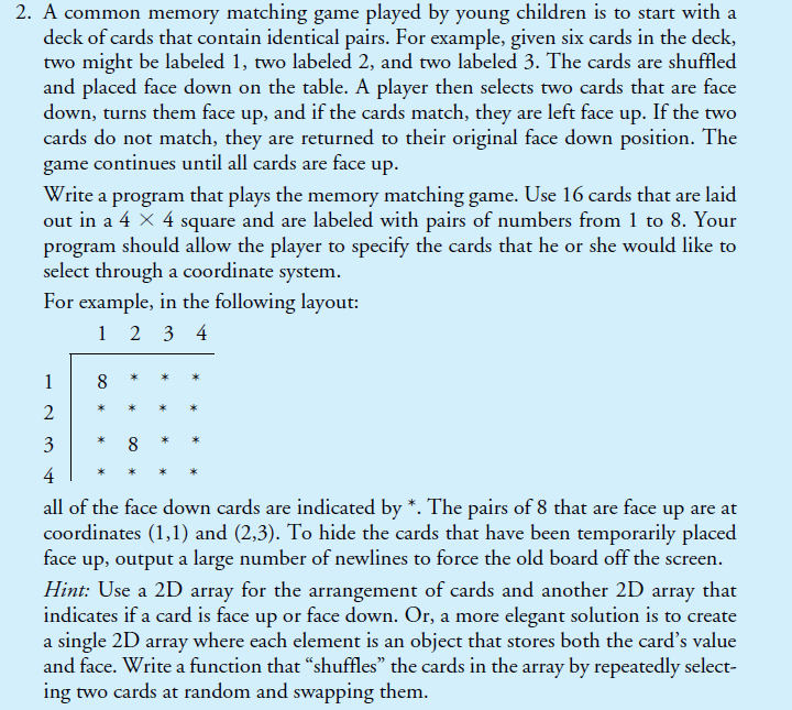 Solved 2. A common memory matching game played by young | Chegg.com