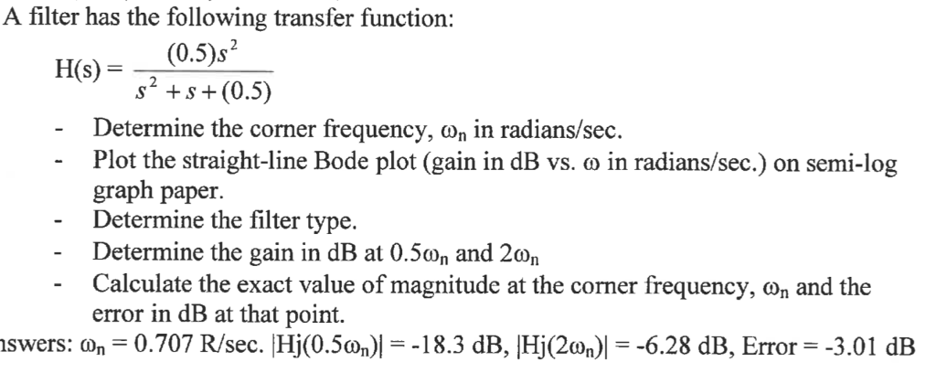 Solved A filter has the following transfer function: (0.5)s | Chegg.com