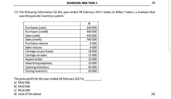 Solved MANCOSA: BBA YEAR 1 68 1.5 The Following Information | Chegg.com