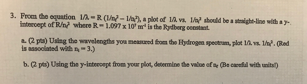 Solved 3. From the equation la = R (1/n??1/m2), a plot of 1A | Chegg.com