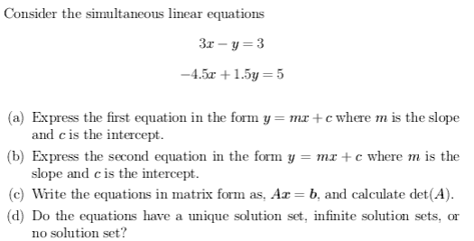 Solved Consider the simultaneous linear equations 3x -y-3 | Chegg.com