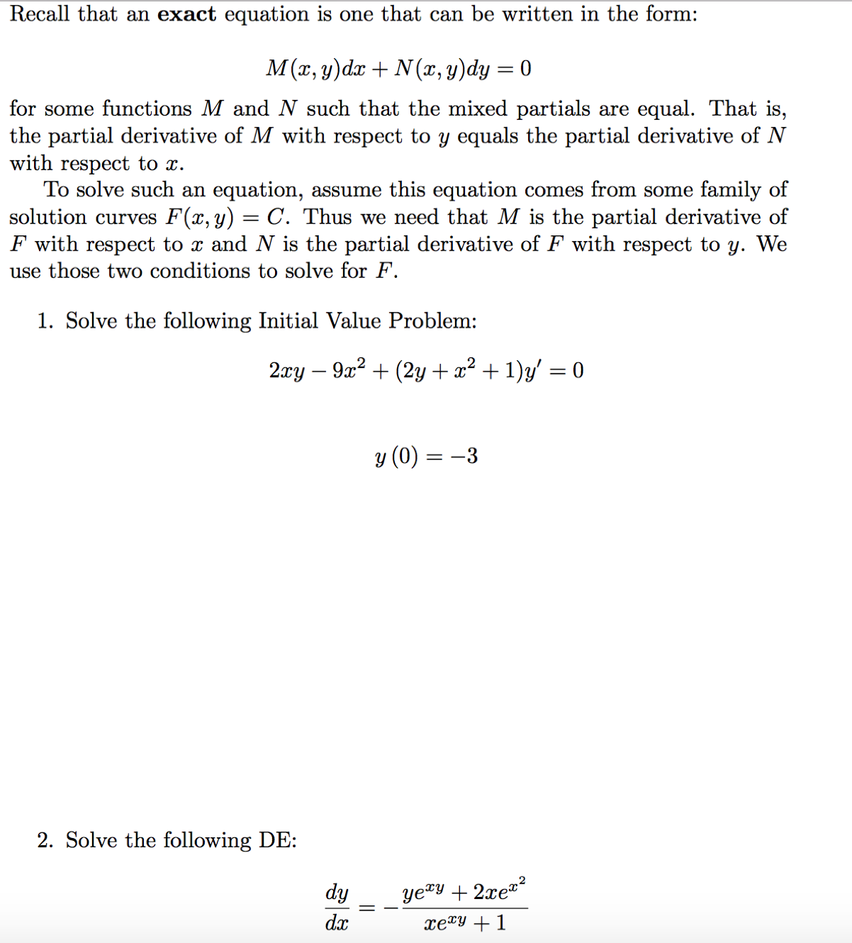 Solved Recall that an exact equation is one that can be | Chegg.com