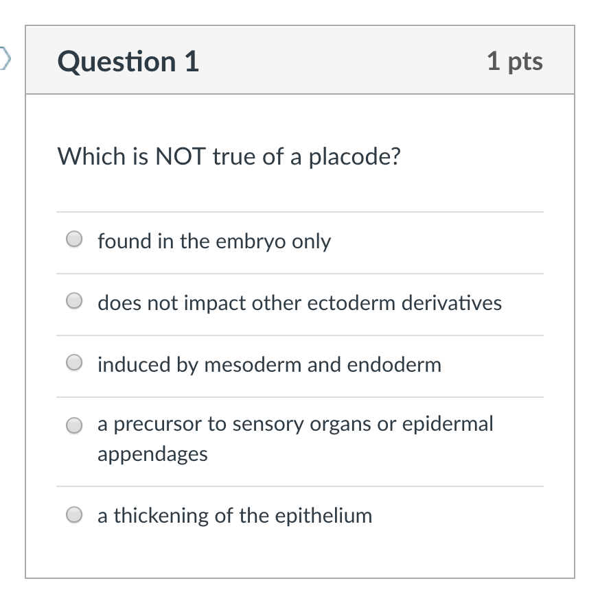 Solved Question 1 1 pts Which is NOT true of a placode? O | Chegg.com