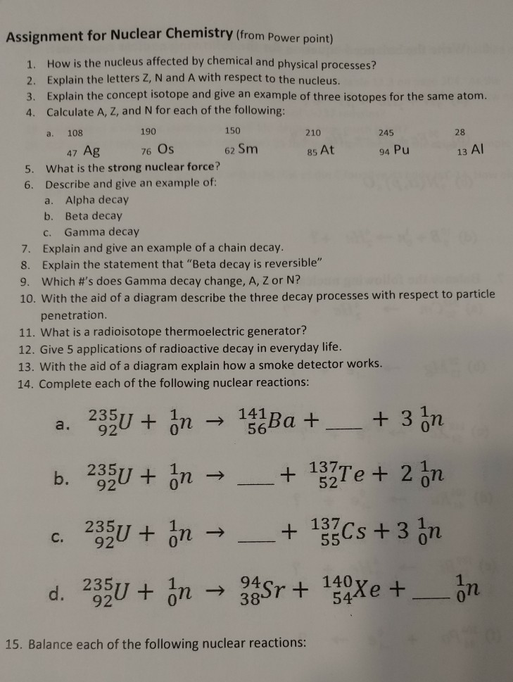 Solved Assignment For Nuclear Chemistry (from Power Point) | Chegg.com