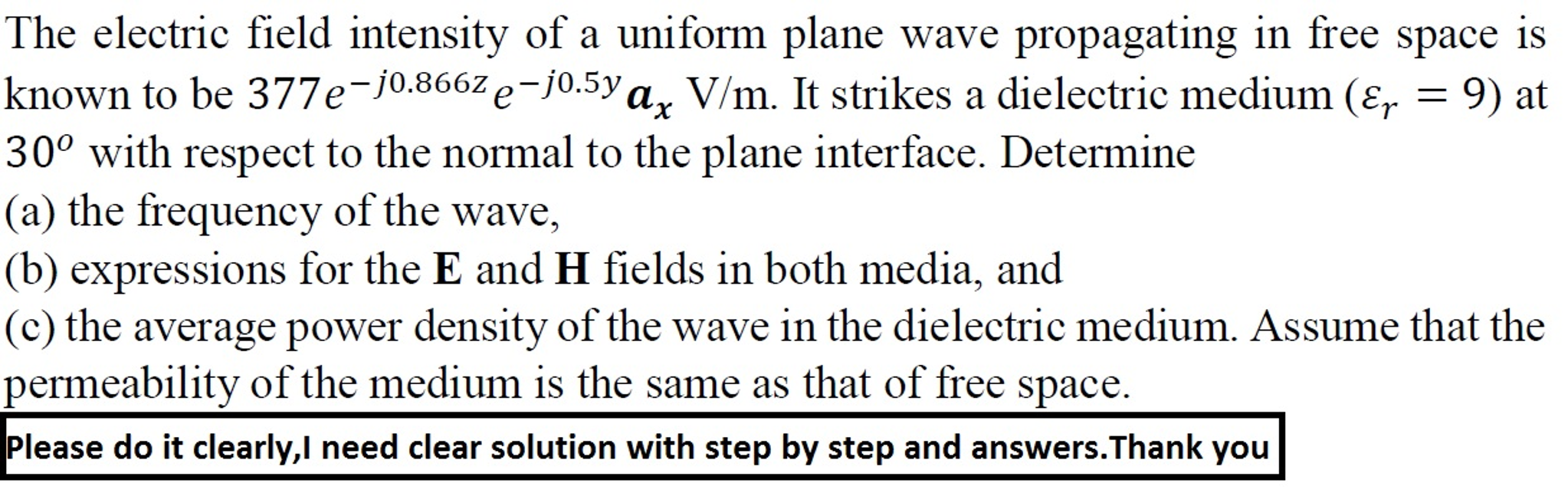 Solved The electric field intensity of a uniform plane wave