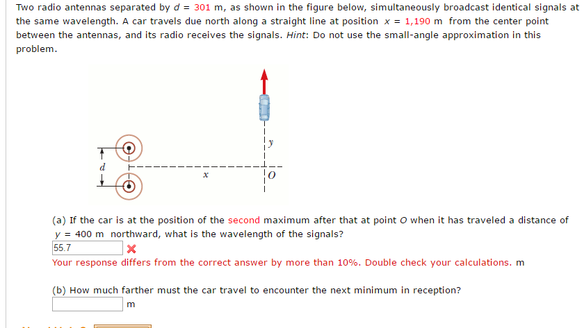 Solved Two radio antennas separated by d = 301 m, as shown | Chegg.com