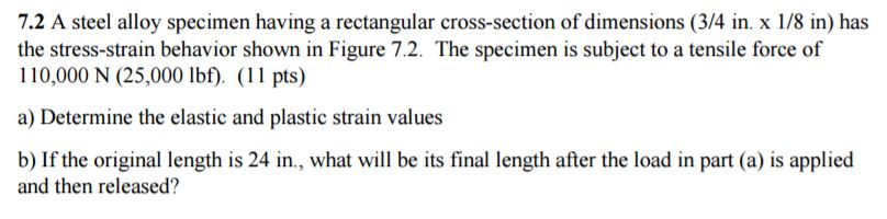 Solved 7.2 A steel alloy specimen having a rectangular | Chegg.com