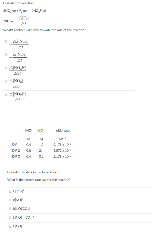 Solved Consider the reaction 2NO_2 (g) + F_2 (g) rightarrow | Chegg.com