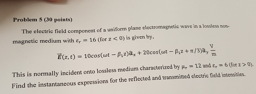 Solved The electric field component of a uniform plane | Chegg.com