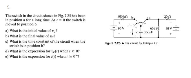 Solved The switch in the circuit shown in Fig. 7.25 has been | Chegg.com