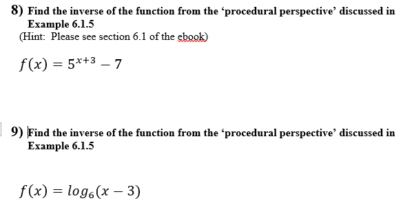 Solved Find the inverse of the function from the 'procedural | Chegg.com