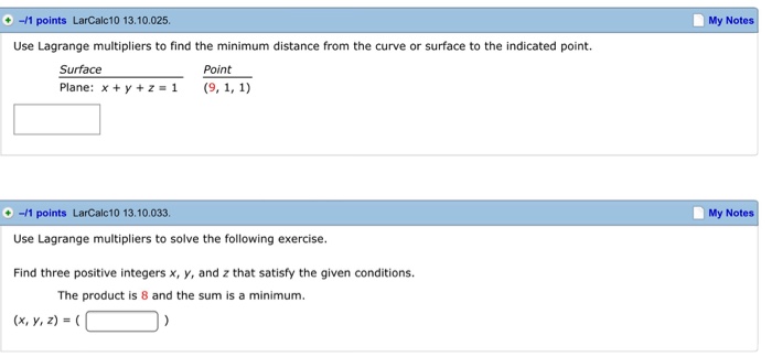 Solved Use Lagrange multipliers to find the minimum distance | Chegg.com