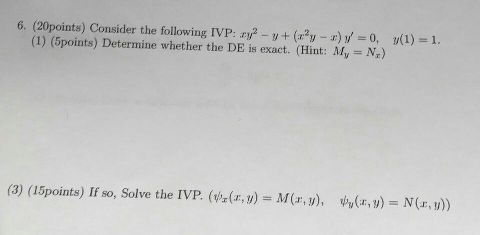 Solved 6 20points Consider The Following Ivp Zys Y 7335