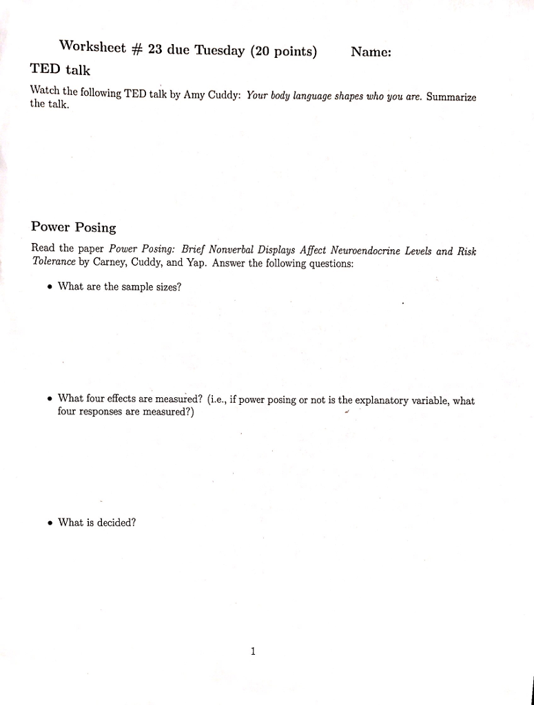 Amy Cuddy Ted Talk Worksheet Studying Worksheets