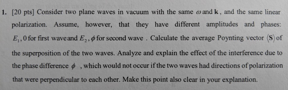 Solved 1. [20 pts] Consider two plane waves in vacuum with | Chegg.com