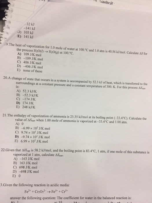 Solved The Heat Of Vaporization For 10 Mole Of Water At 