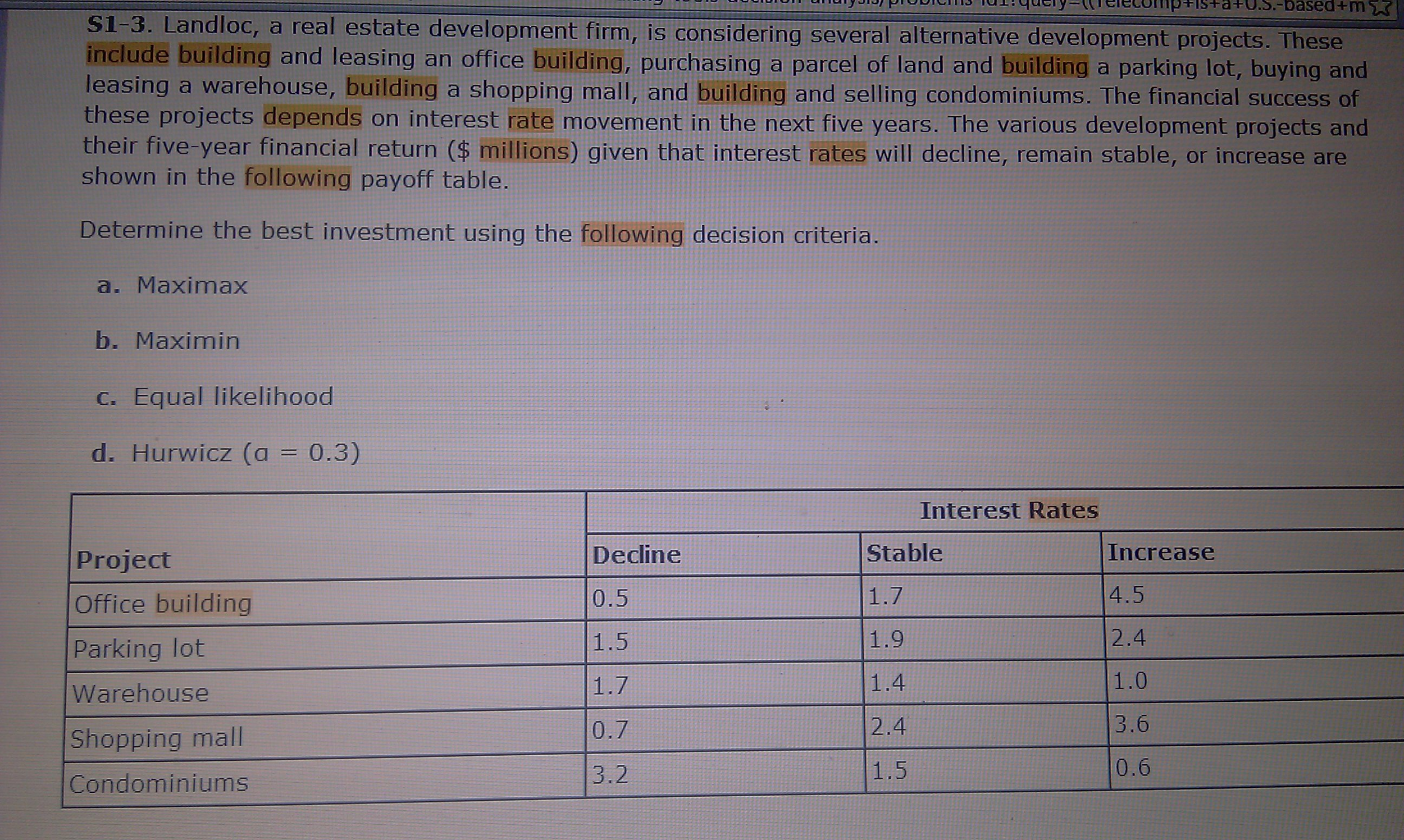 S13. Landloc, a real estate development firm, is