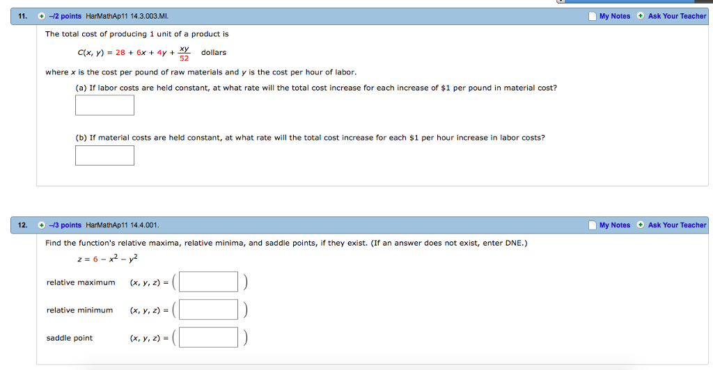 Solved 11. -12 points HarMathAp11 14.3.003.MI My Notes Ask | Chegg.com