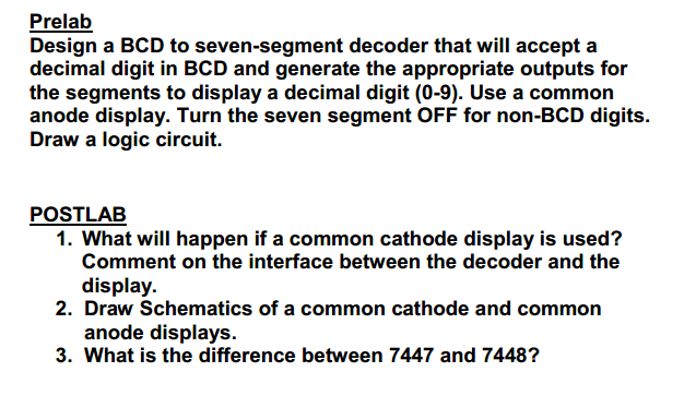 Prelab Design a BCD to seven-segment decoder that | Chegg.com