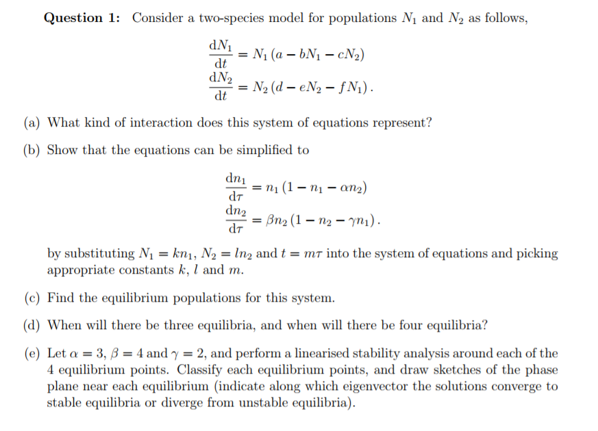 Question 1: Consider A Two-species Model For | Chegg.com