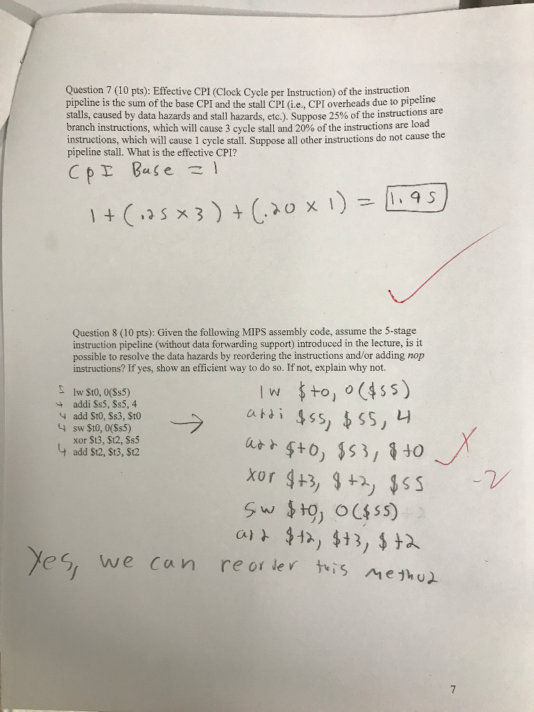 Question 7 (10 pts): Effective CPI (Clock Cycle per | Chegg.com