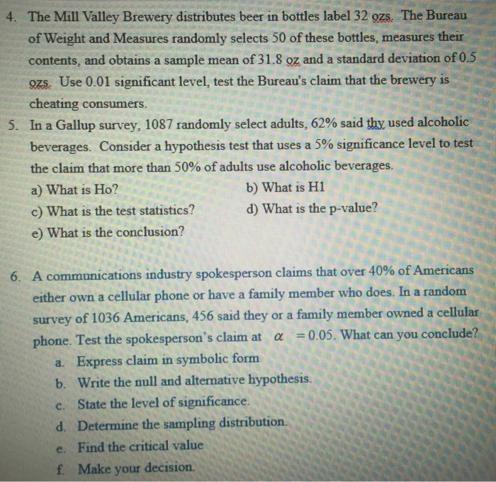 Solved The Mill Valley Brewery distributes beer in bottles