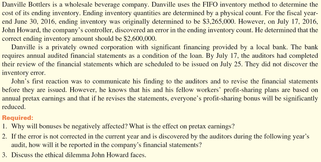 Solved Danville Bottlers is a wholesale beverage company. | Chegg.com
