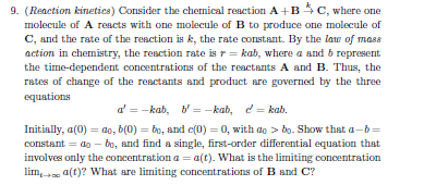 Consider The Chemical Reaction A + B Rightarrow^k C, | Chegg.com