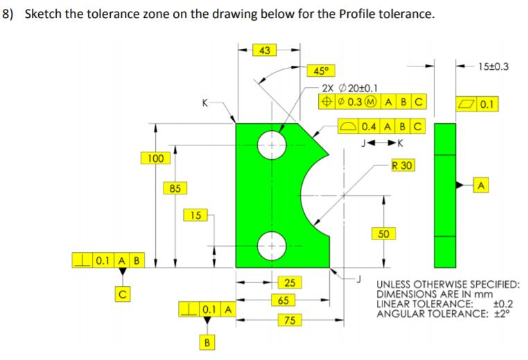 Solved 8) Sketch the tolerance zone on the drawing below for | Chegg.com